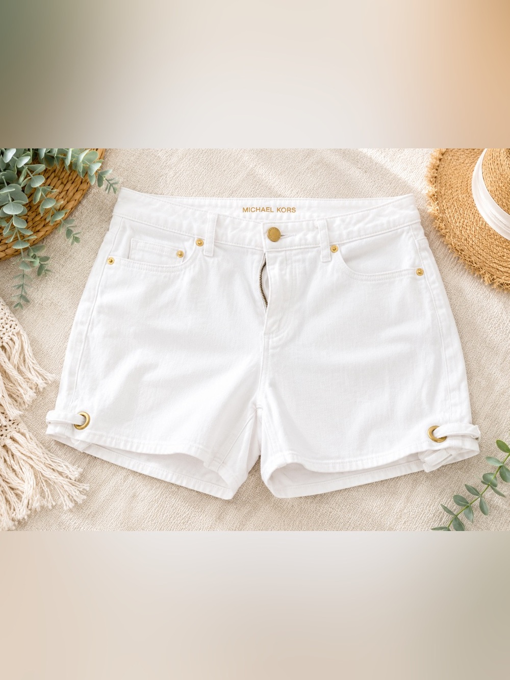 Michael Kors White Denim Shorts Gold Hardware Stretch Size 8